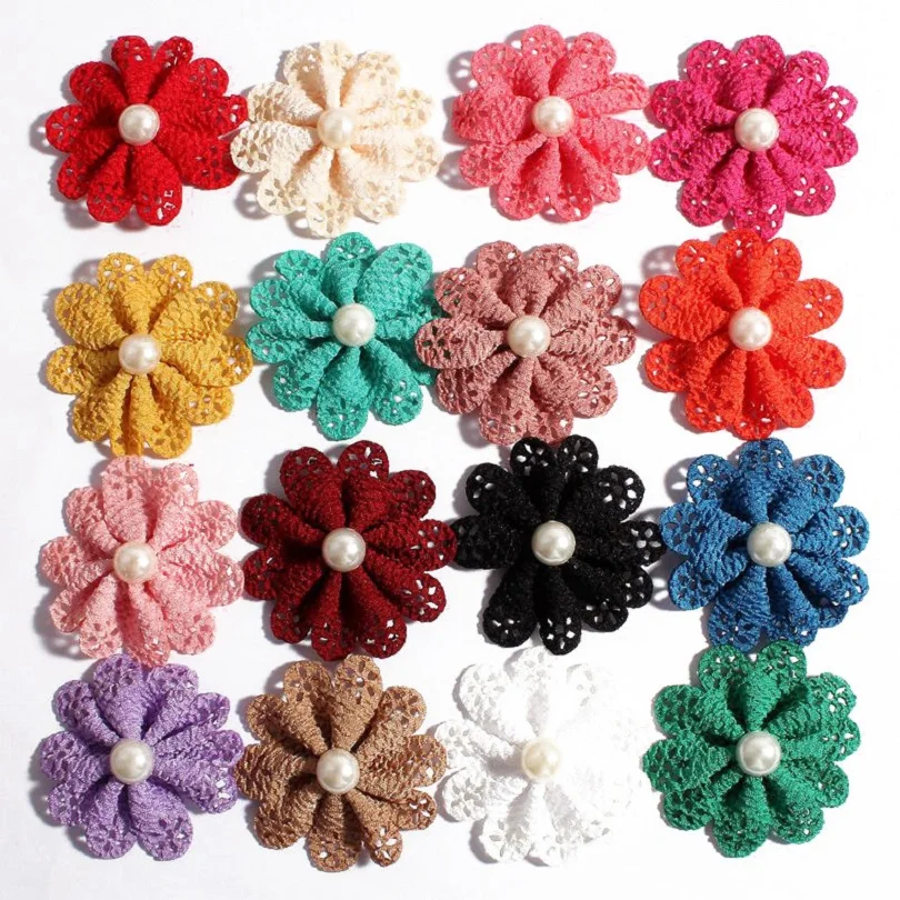 10pcs/lot 5.5cm 16colors Hair Clip Heads Flower Accessories With Pearl For Wedding Artificial Fabric Flowers For Girls Headbands