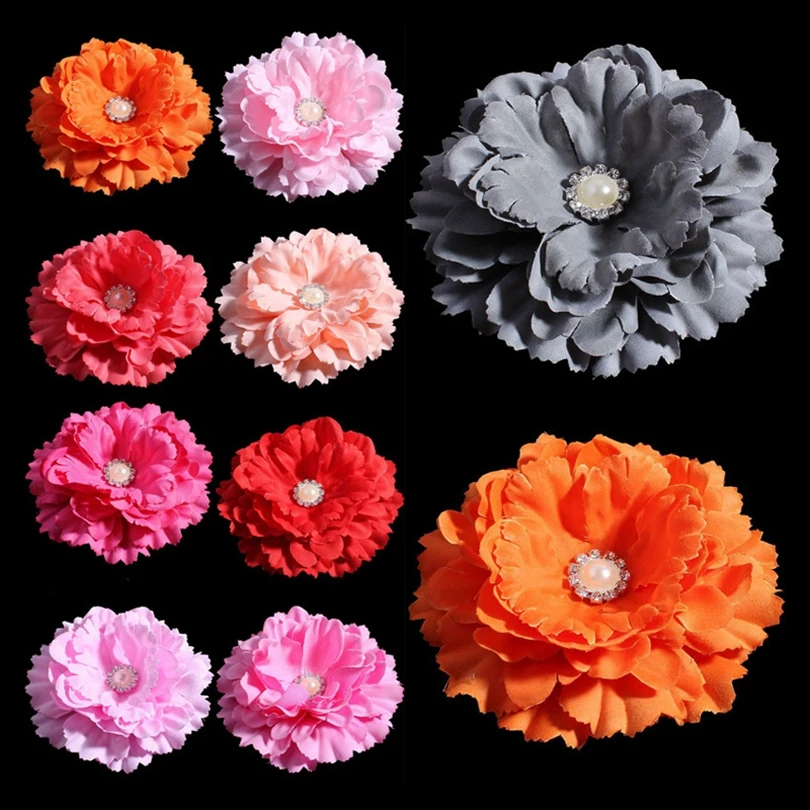 

10pcs/lot 11CM 20colors Hair Clip Chic Peony Flower With Pearl Button For Hair Accessories Artificial Fabric Flower For Headband