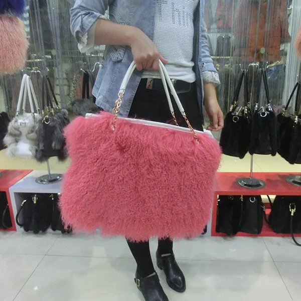 ALICEFUR Long haired sheep fur shoulder bag real Mongolian lamb fur bag