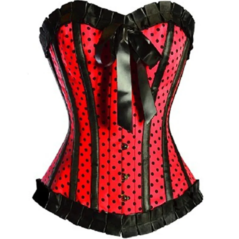 Pink Satin Polka Dot Burlesque Corset Sexy Front Buckle Overbust Lace Up Boned Corselet Women Slimming Waist Vintage Bustier Top