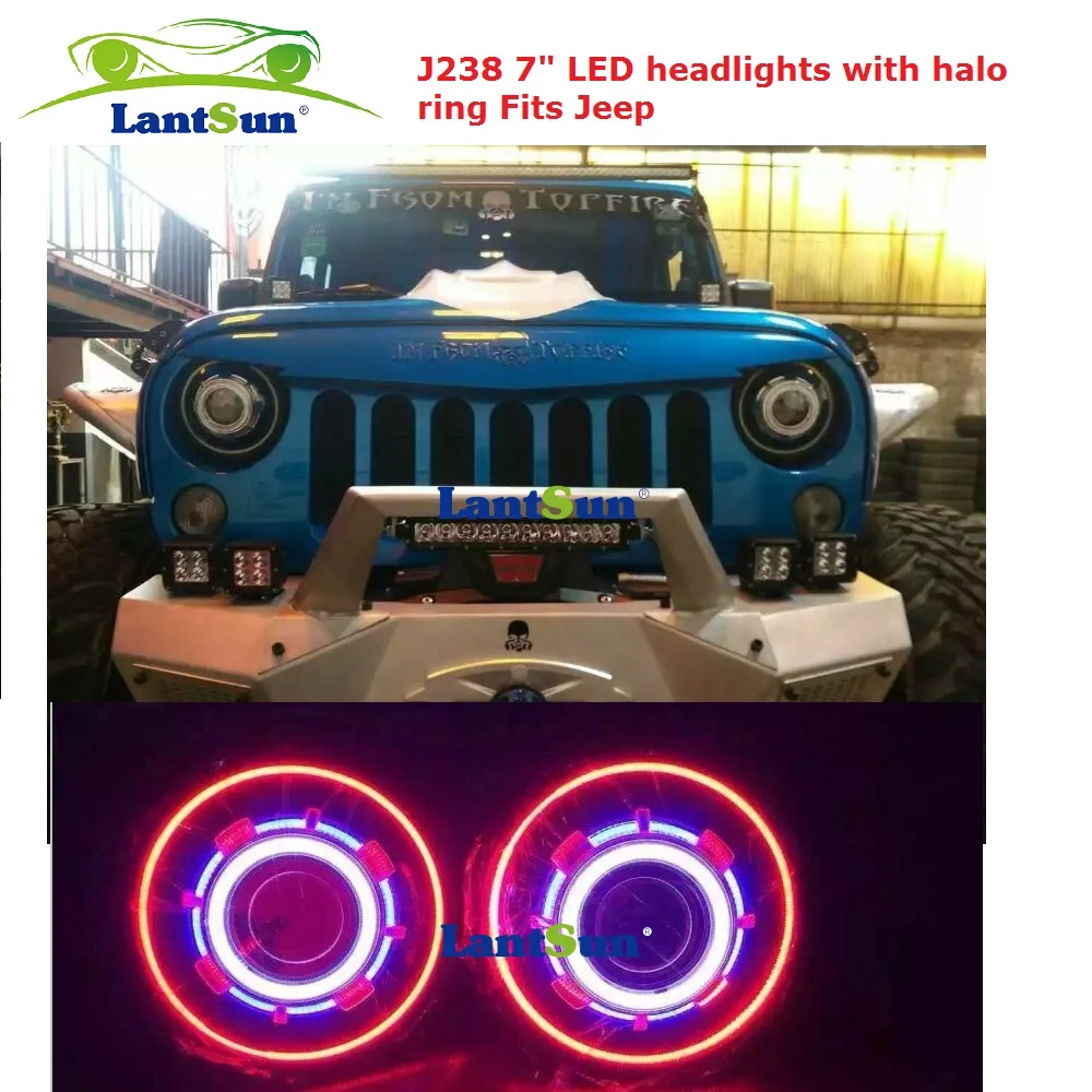 Pair hot sale NJ238 7 inch 35W round LED projector headlight with red led halo ring angel eyes fits forjeep wrangler jk CJ TJ LJ