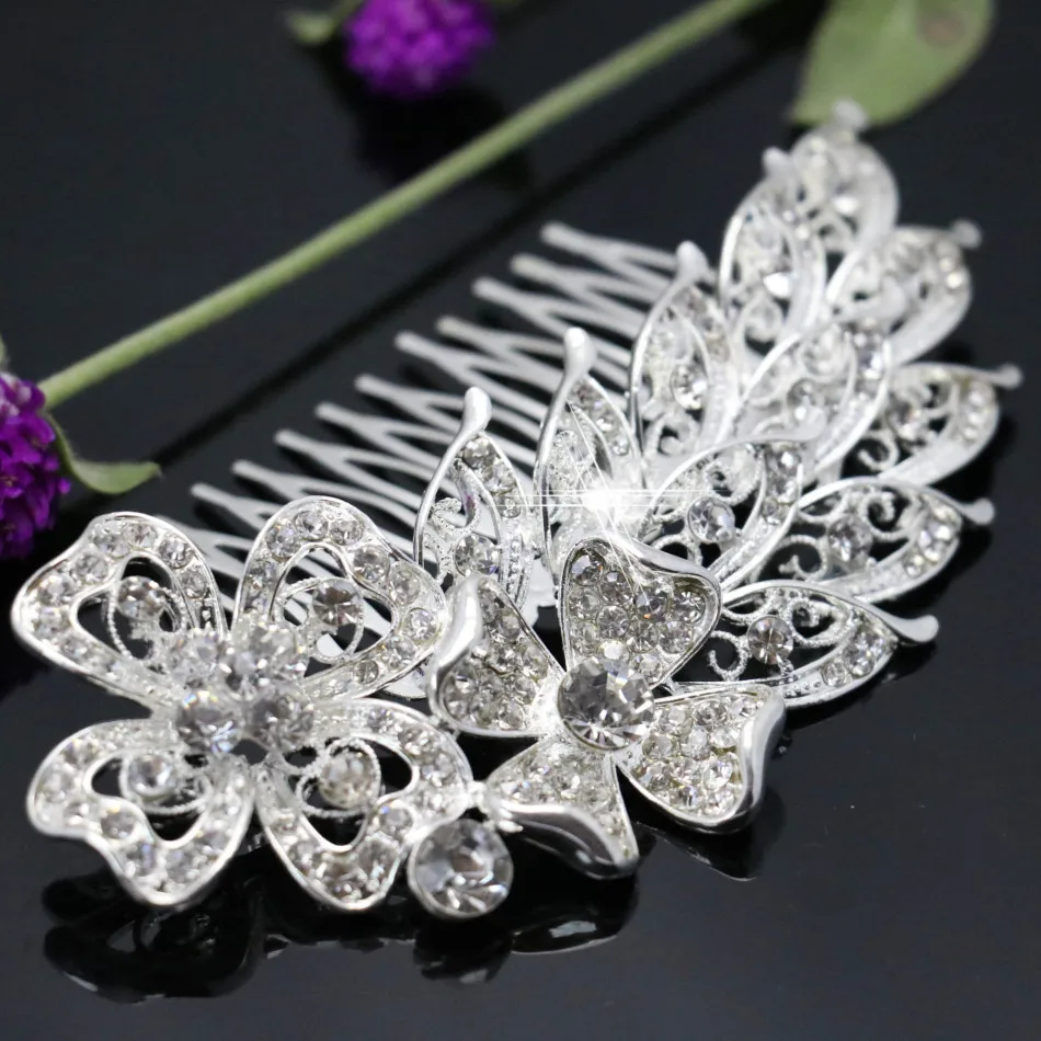 Trendy Women Hairwear Wedding Tiara Sparkling Silver Plated Crystal Bridal Hair Combs Hairpin Jewelry Hair Accessories 117*68mm