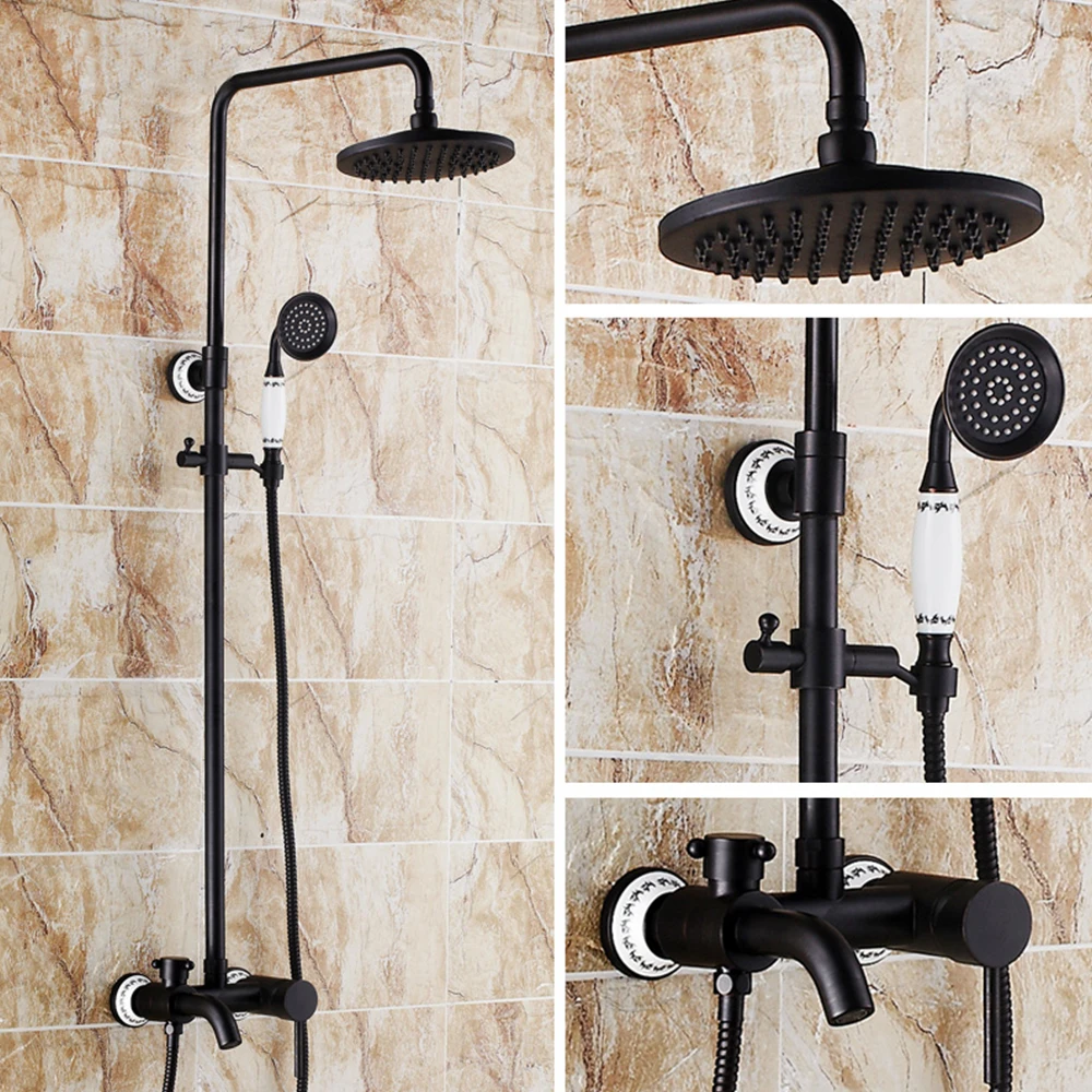 Shower Faucets Brass Black Bathtub Faucet Square Tube Single Handle Top Rain Shower With Slide Bar Wall Water Mixer Tap 4003