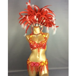 New Sexy Samba Rio Carnival Costumes Set For Women Beaded Sequins Belly Dance Costume With Red Feather Head piece