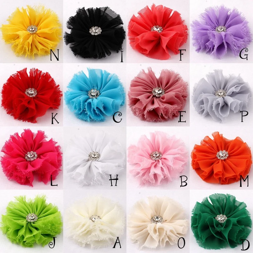 10pcs/lot 16colors Hair Clips Ballerina Chiffon Flower With Rhinestone For Hair Accessories Shabby Fabric Flowers For Headbands