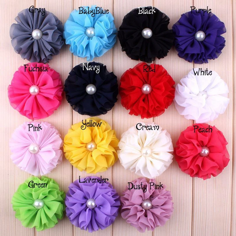 10pcs/lot 6.5cm14colors Hair Clips Ruffled Ballerina Chiffon Flower With Pearl For Hair Accessories Fabric Flowers For Headband