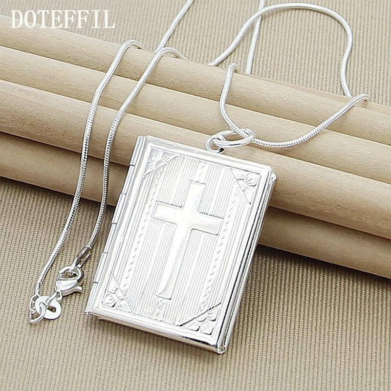 DOTEFFIL 925 Sterling Silver Square Cross Photo Frame Pendant Necklace 18 Inch Snake Chain For Woman Wedding Charm Jewelry