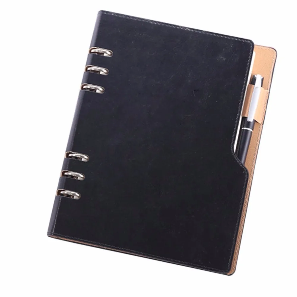 PU Leather Loose Leaf Business Binder Cover, Notebooks, Caneta Exposta Inserida, A5, 6 Anéis, 90 Folhas