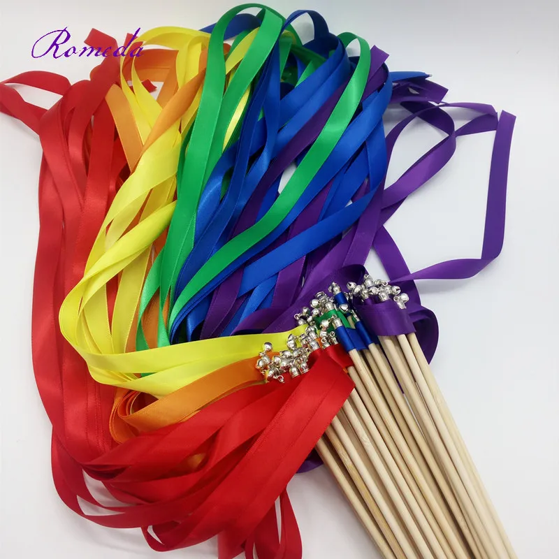 FREE SHIPPING--Style A rainbow ribbon wedding wands with silver bell Wedding Ribbon Stick,ribbon Twirling Streamers