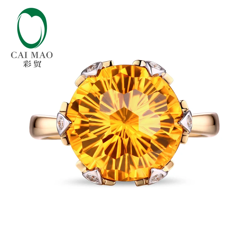 Caimao Jewelry 12mm Round Cut 7.21ct  Citrine Ring 14k Gold With Natural Diamond