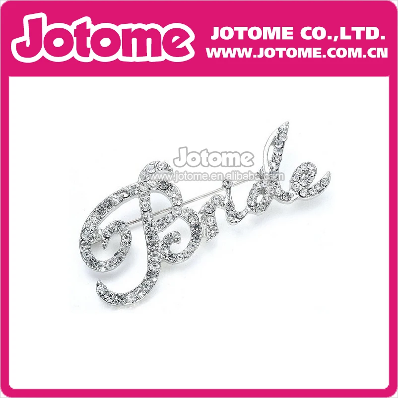 100pcs/lot  Wedding Bride Letter Clear Silver Crystal Brooches and Pins Fashion Jewelry