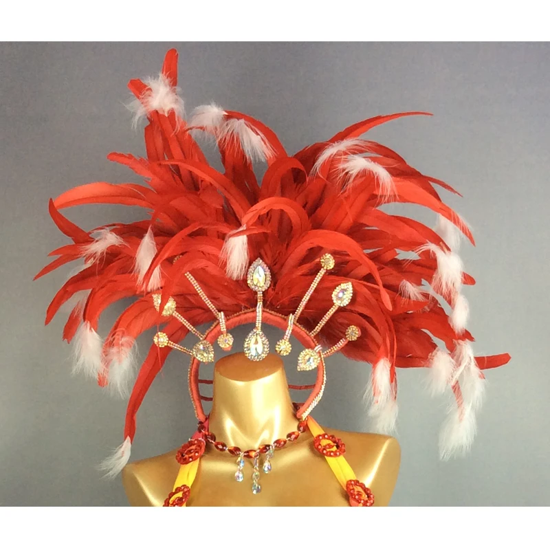 New Sexy Samba Rio Carnival Costumes Set For Women Beaded Sequins Belly Dance Costume With Red Feather Head piece