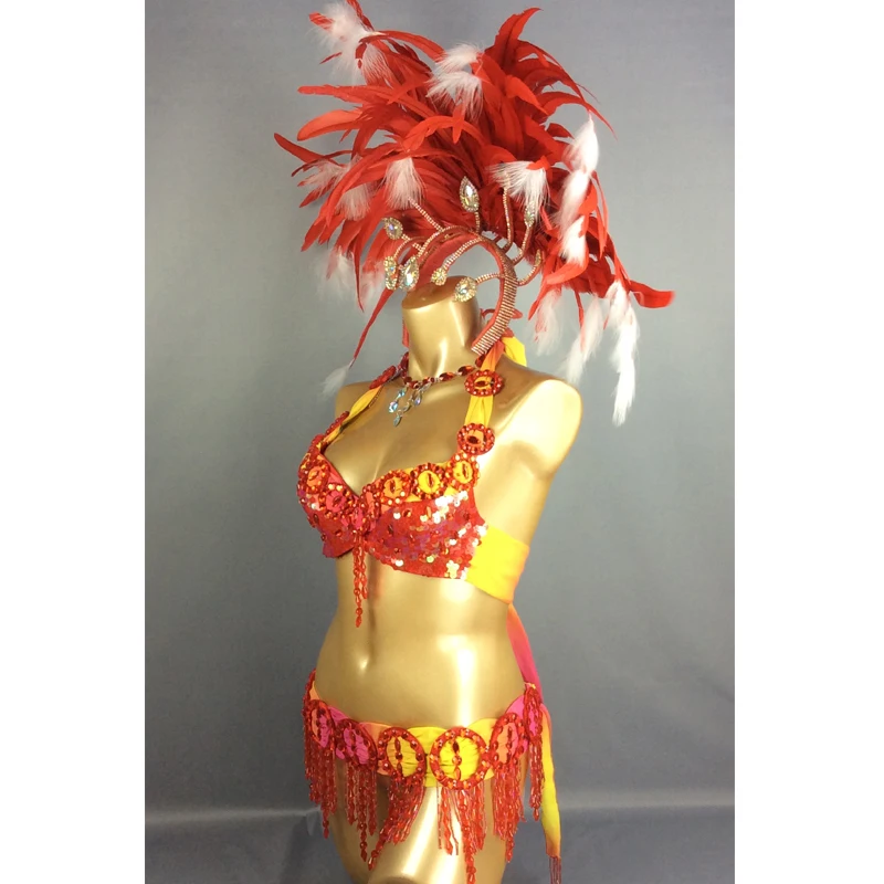 New Sexy Samba Rio Carnival Costumes Set For Women Beaded Sequins Belly Dance Costume With Red Feather Head piece