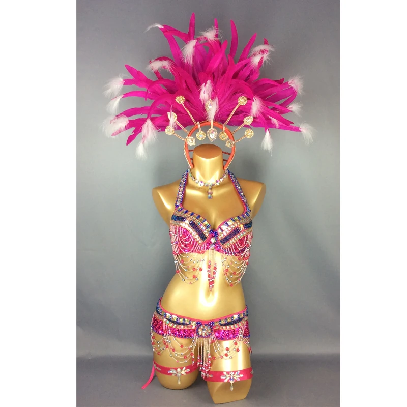 Sexy Samba Rio Carnival Costume For Women Showgirl Beaded Sequins Belly Dance Costume Set with hot pink Feather Head piece