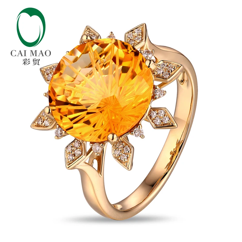 Sun Shape Citrine Ring 12mm Round 7.05ct Citrine 14K Yellow Gold Engagement Ring