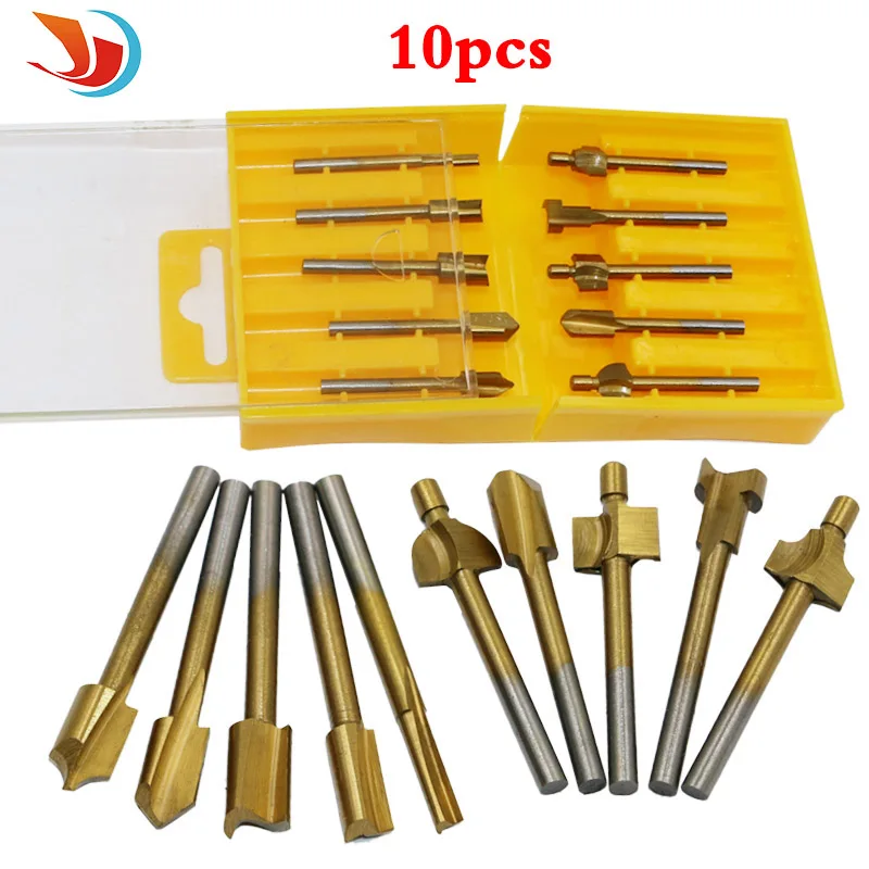 10pcs 1/8' HSS Titanium Coated Woodworking Router Bits Wood Cutter Milling Used for Dremel