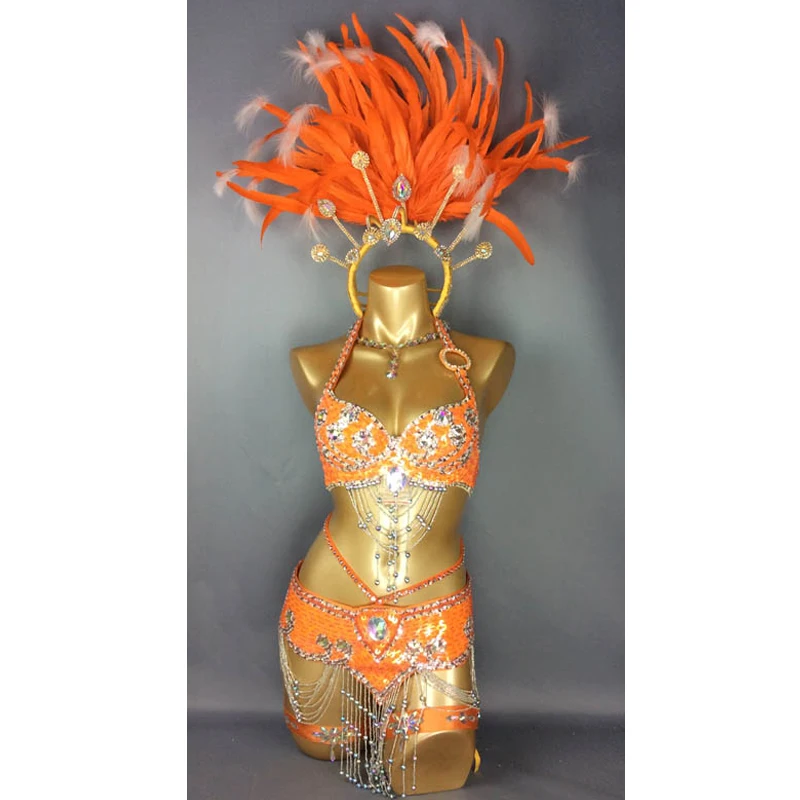 New Sexy Samba Rio Carnival Costumes For Women Lady Beaded Sequins belly dance costume Set with orange Feather Head piece