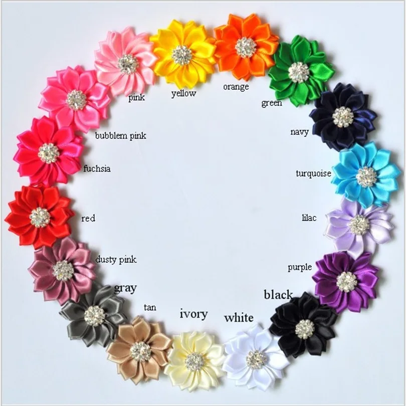 120pcs/lot 5cm 17 Colors Hair Clips Mini Satin Ribbon Flowers With Rhinestone Button Artificial Fabric Flowers For Headbands