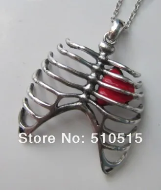 Gothic Rib Cage Necklace Anatomical Skeleton Human Red Heart Anatomy Medical Lung Pendant Gunmetal Charm Punk Jewelry