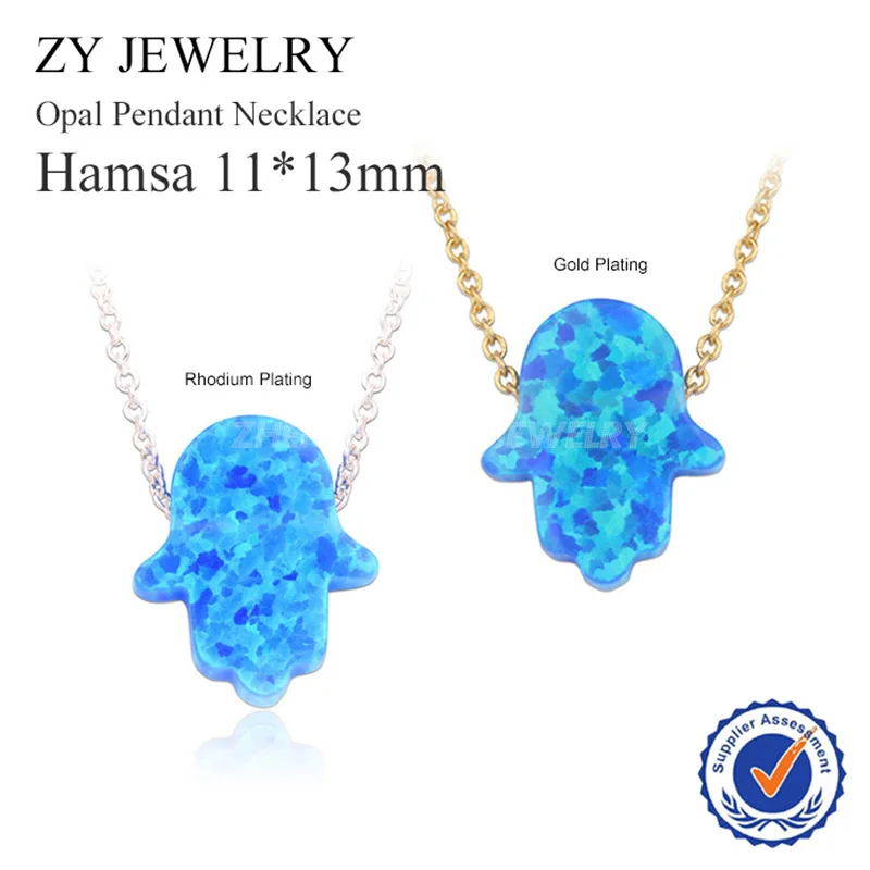 Gold Silver Plated Necklace 11x13mm Blue Hamsa Opal OP05