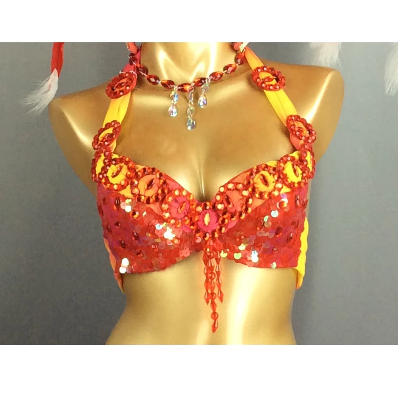 New Sexy Samba Rio Carnival Costumes Set For Women Beaded Sequins Belly Dance Costume With Red Feather Head piece