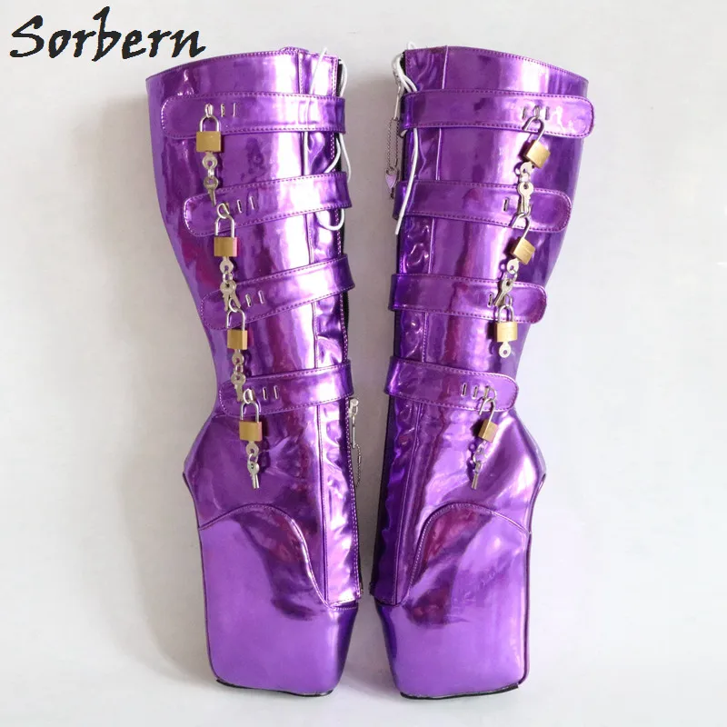 Sorbern Metallic Purple Women Boots Crossdressed Heels Fetish Tiptoe Heels Boots Decorative Padlocks Ballet Exotic Dancer Shoes