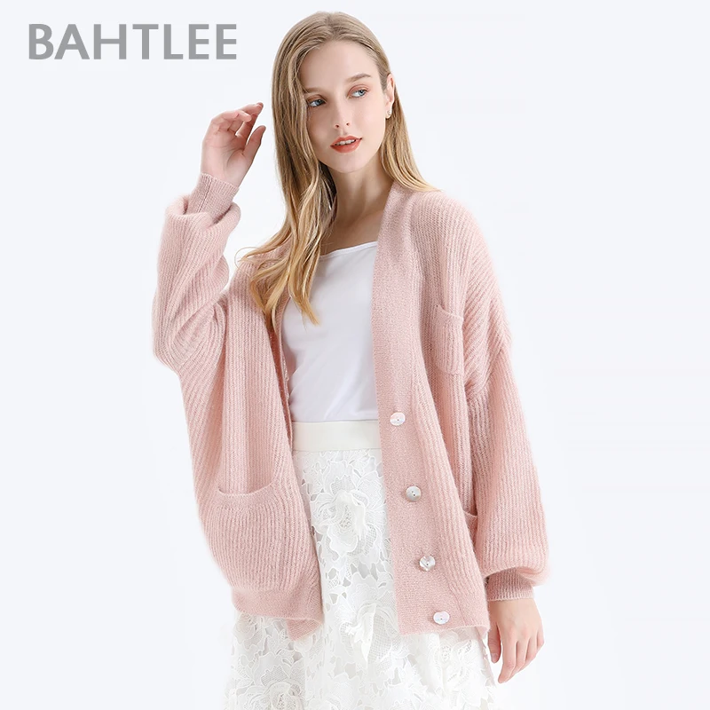 BAHTLEE-Women's Mohair Sweater, Lurex Wool, Knitted Jumper, Full Puff Sleeves, V-Neck, Loose Style, Gold, Autumn, Winter