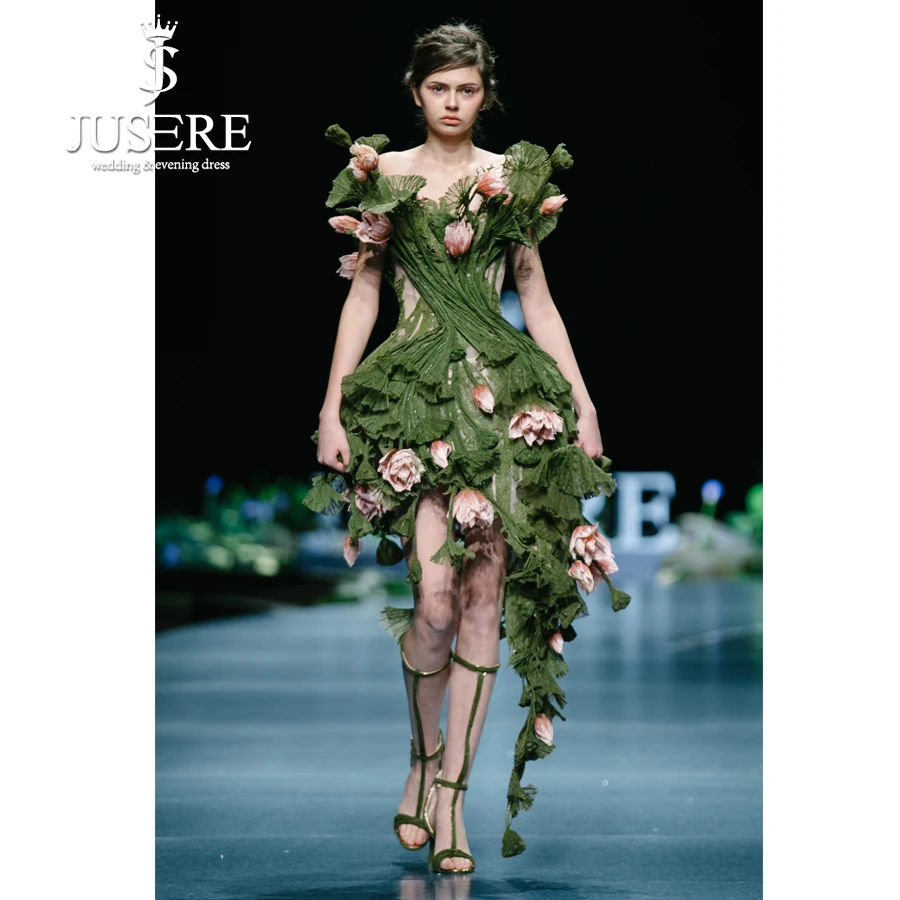 JUSERE-Fashion Show Verde Curto Vestido de Festa, Bordado, Flor de Lótus 3D, Altura do Joelho, Fora do Ombro, Vestidos Formais