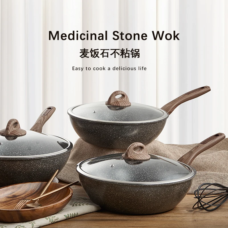 Japanese medical stone frying pan non stick wood handle wok fume free cooking pot fryer cooker cookware saucepan glass lid