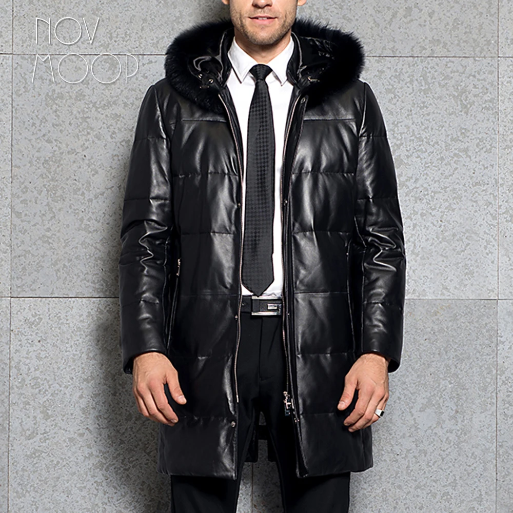 Men winter warm black genuine leather top grade lambskin fox fur hooded duck down jacket coat deri ceket jaqueta de couro LT2442