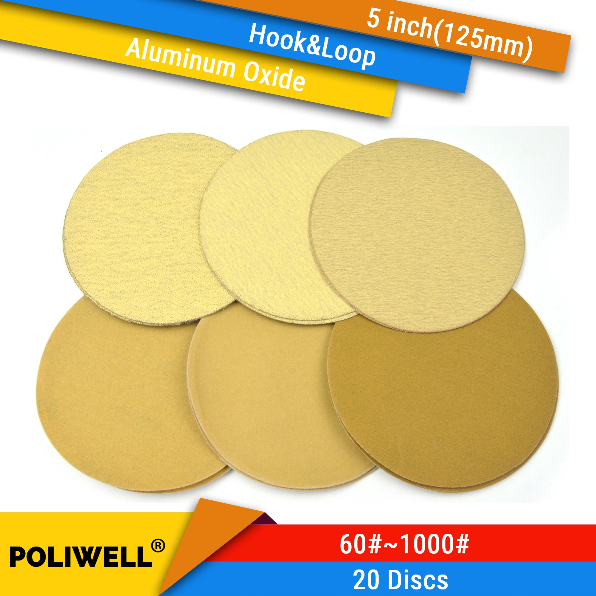 

20PCS 5 Inch 125mm Polishing Paper Hook and Loop Yellow Sanding Discs Flocking Sandpaper for Car Polisher Paper 60/400/1000 Grit