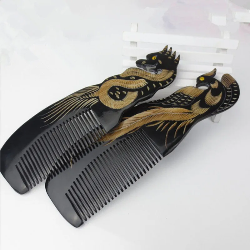 2pcs Phoenix design Natural Buffalo horn Comb for hair massage Wide Tooth anti-static head Massage Hair Brush combs hairbrush