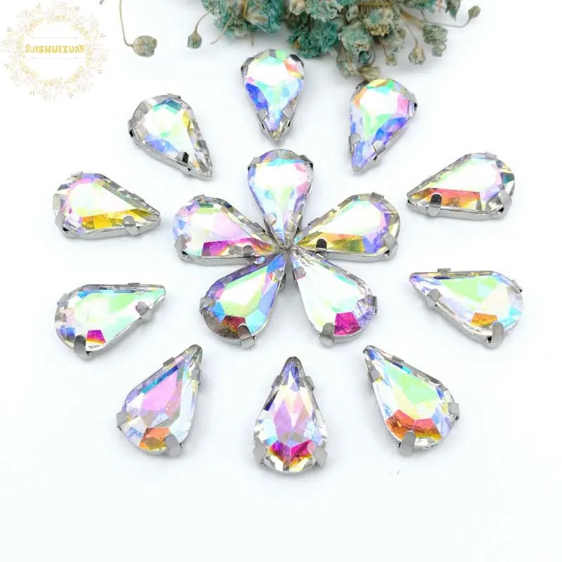 AB Narrow Teardrop Shape Glass Rhinestones with Claw, Sew On Crystal Stone, Strass Diamond, Metal Base Buckle, DIY, 20 Pcs Pack