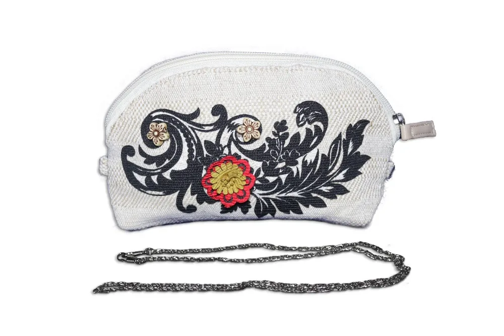 2019 Hand Made New designer women Linen handbags female Hand made flowers beads 2 in 1 Purse Chain shoulder zipper Cosmetic bag