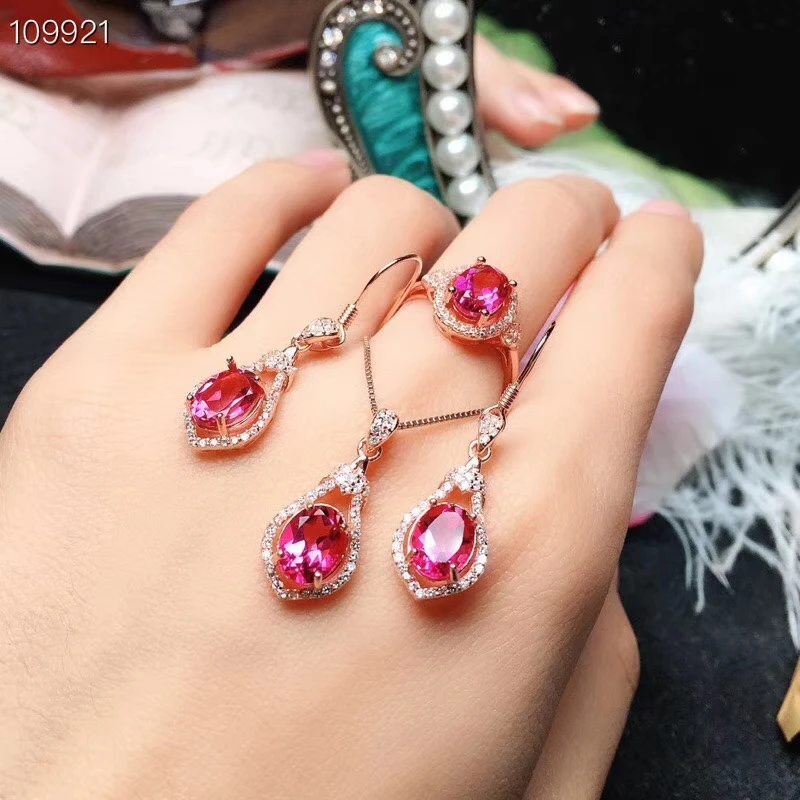 

KJJEAXCMY boutique jewels 925 sterling silver inlaid natural Pink Topaz Necklace Pendant ring earrings support detection