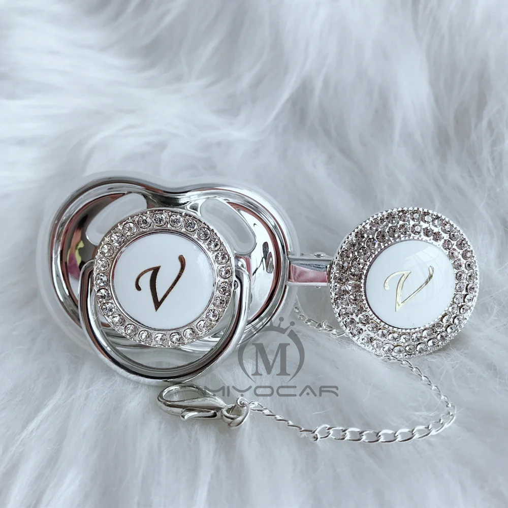 MIYOCAR name Initial letter V elegant silver bling pacifier and pacifier clip BPA free dummy bling unique design SGS pass LV