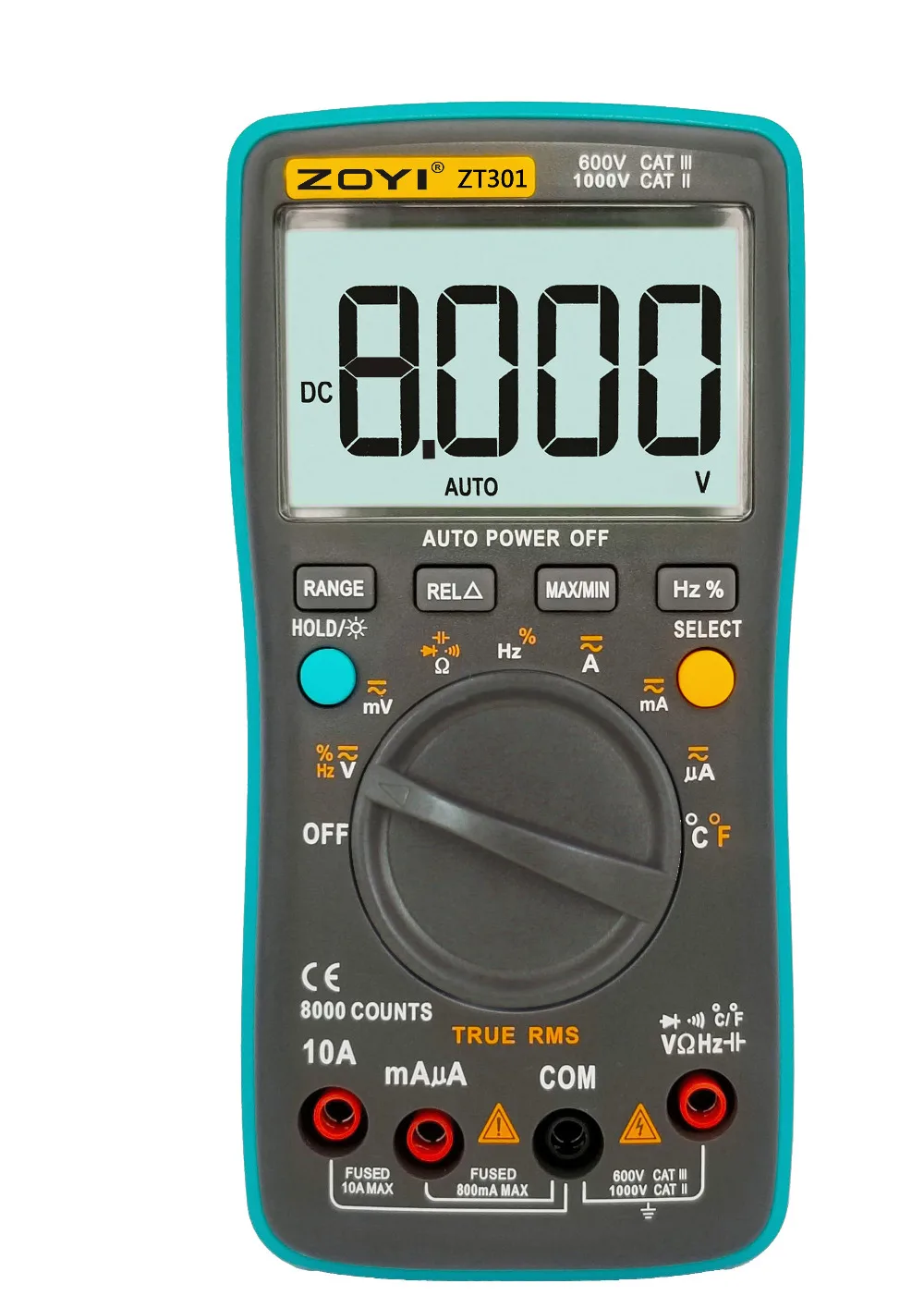 ZT301 Digital Multimeter 8000 counts True-RMS Back light AC DC Voltage Ammeter Current Ohm Auto/Manual