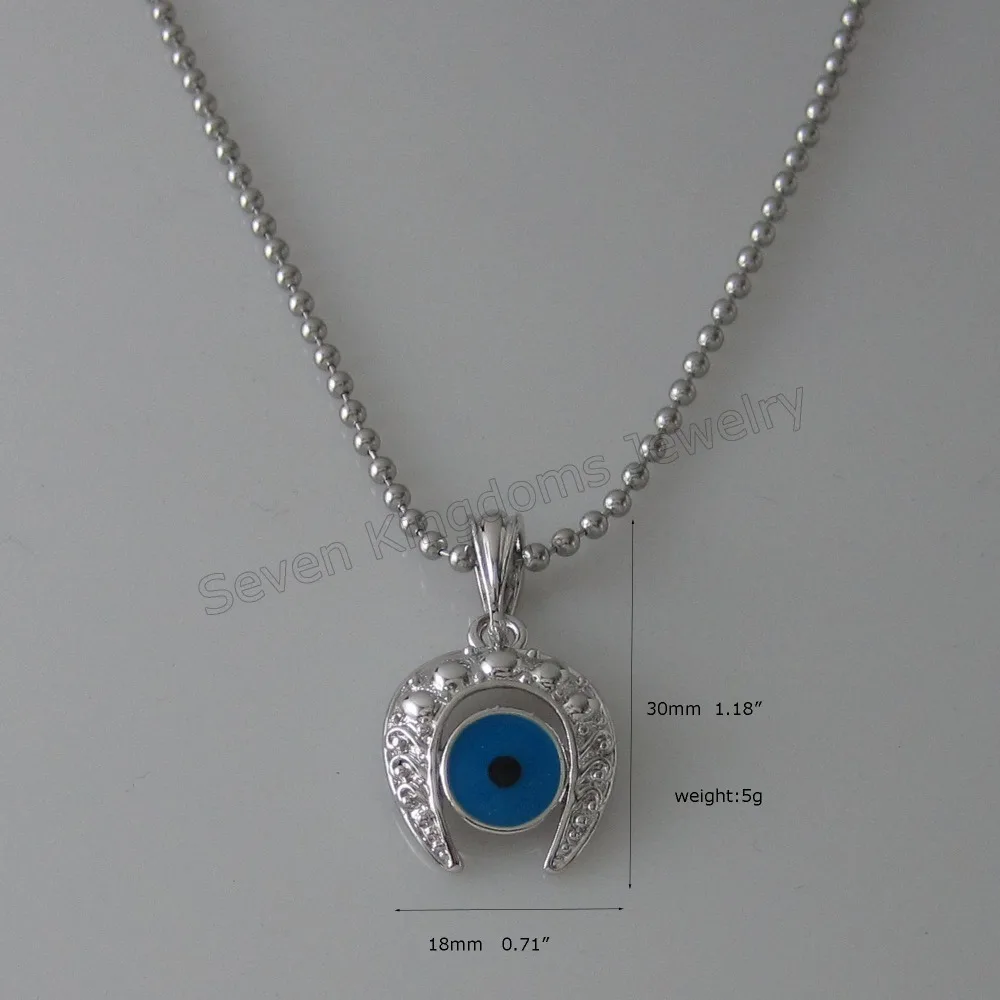 STAINLESS STEEL BALL CHAIN 24INCH CAN BE SHORTED NECKLACE & WHITE GOLD COLOR EVIL EYE PENDANT