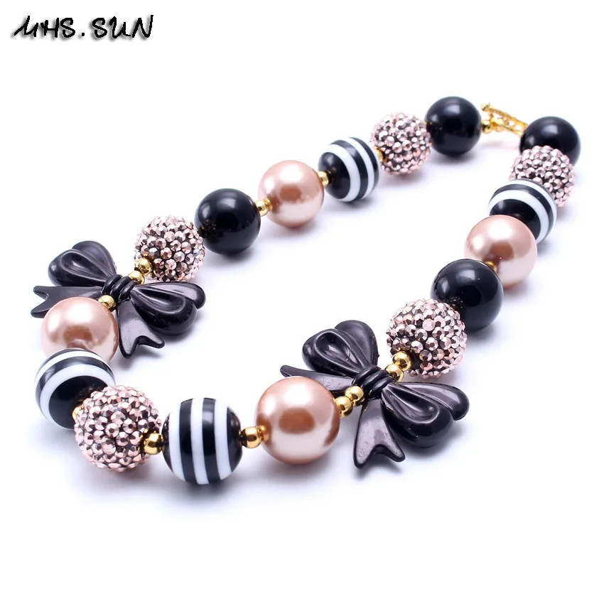 MHS.SUN Girls Kids Bowknot Girls Chunky Necklace Black&Brown Acrylic Bead Bubblegum Necklace Cuet Baby Kid Jewelry Choker TBN076