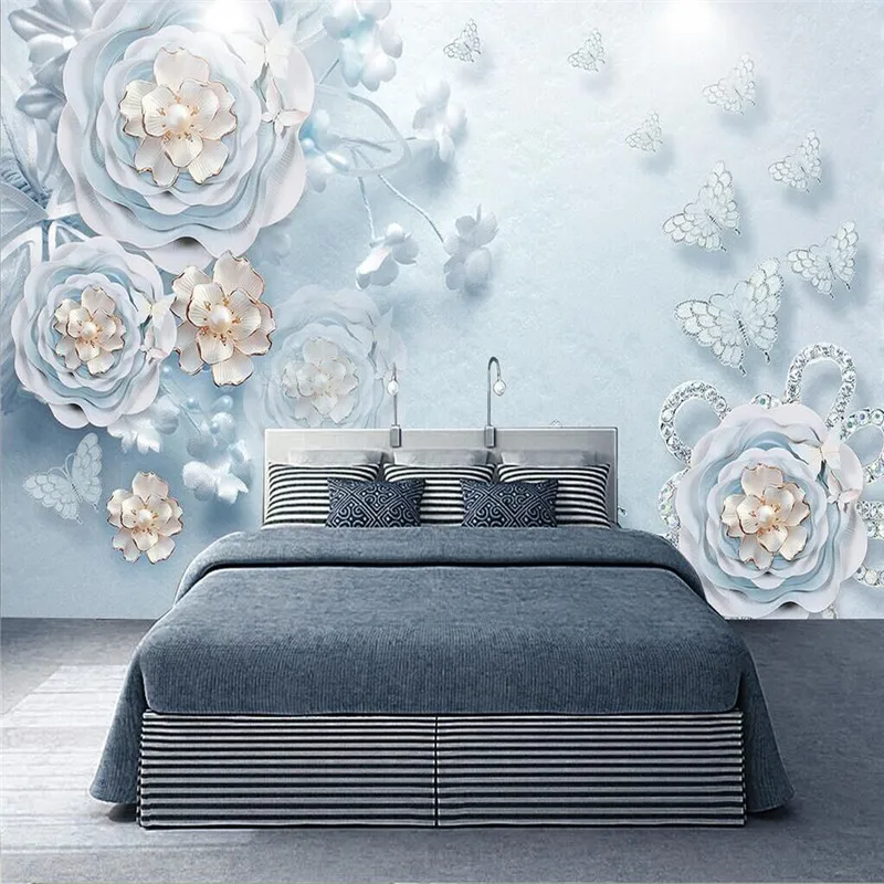 

Dream blue modern simple three-dimensional embossed jewelry flower butterfly wall professional production of large-scale backgro