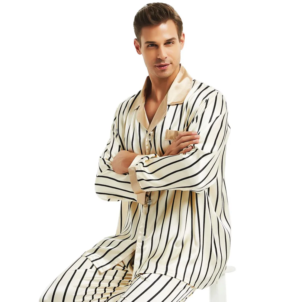 Mens Silk Satin Pajamas Set Pyjamas Set PJS Sleepwear Loungewear S ~ 4XL Striped