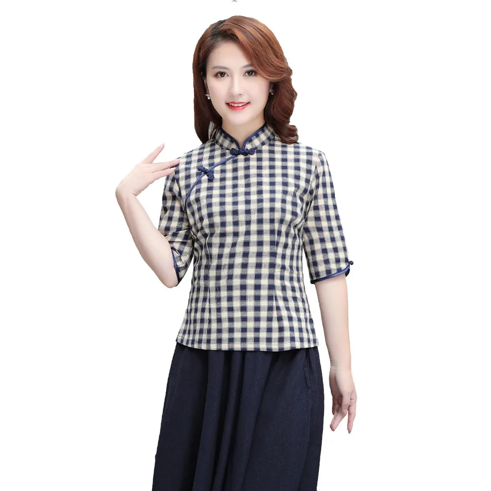 

Shanghai Story Half Sleeve chinese Traditional Top Women's Blend Linen Lattice Blouse Chinese Cheongsam Top Plaid Qipao Shirt