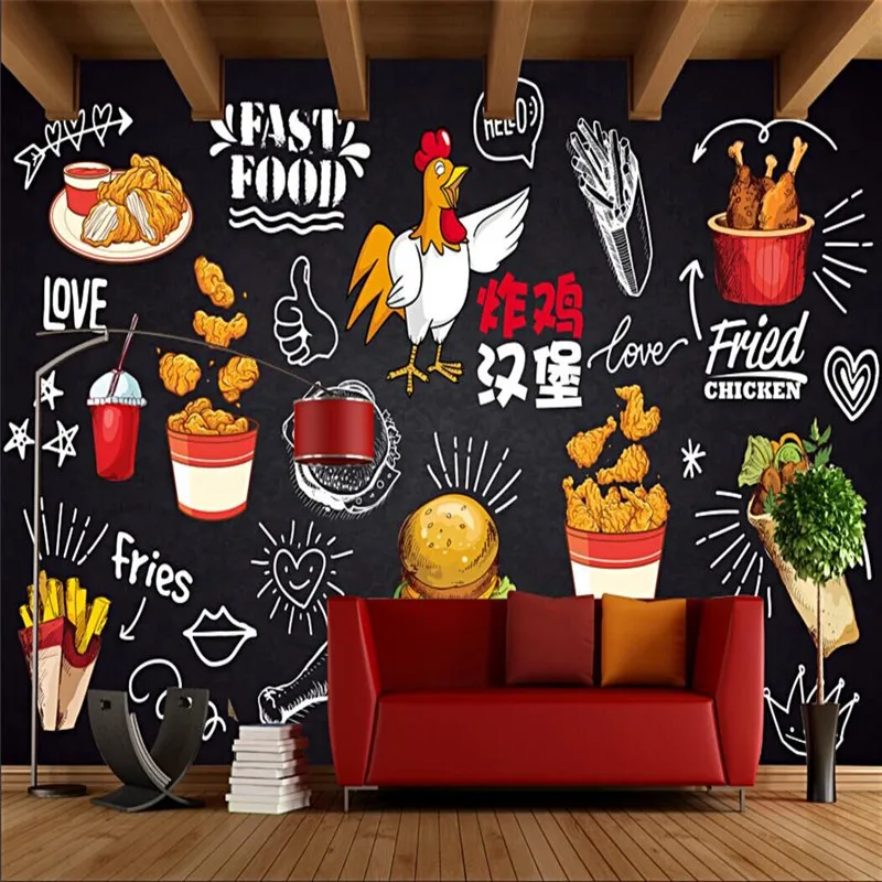 Custom Mural Wallpaper Blackboard Hand Drawn Fried Chicken Burger Dining Gourmet Fast Food Fries Background Wall Painting