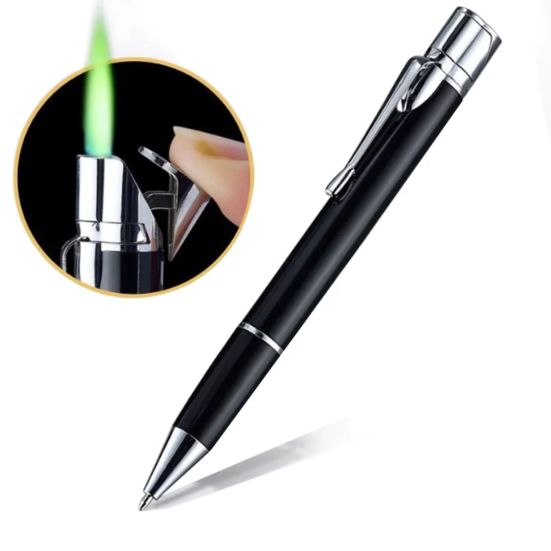 Unique Metal Windproof Ballpoint Pen Lighter Reusable Straight Green Flame Refillable Gas Cigarette Lighter Men Gadget