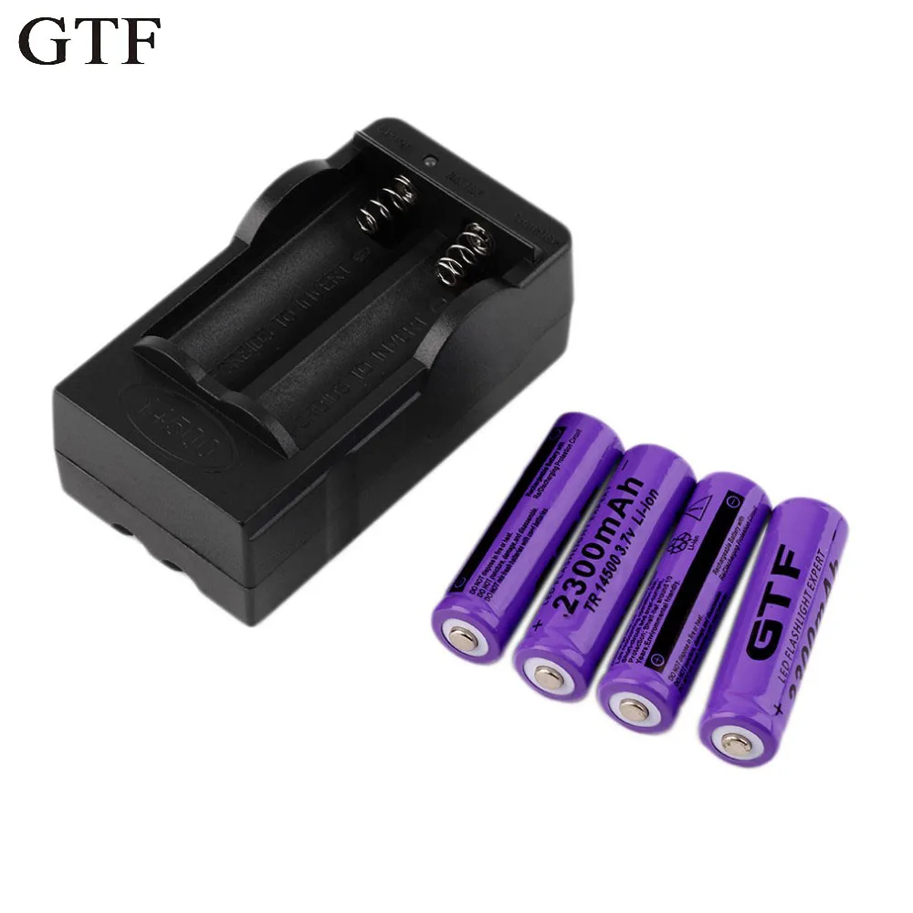 GTF 4pcs 14500 3.7V 2300mAh Rechargeable Li-ion Batteries For Flashlight + EU US Battery Charger New Color Purple Drop Shipping