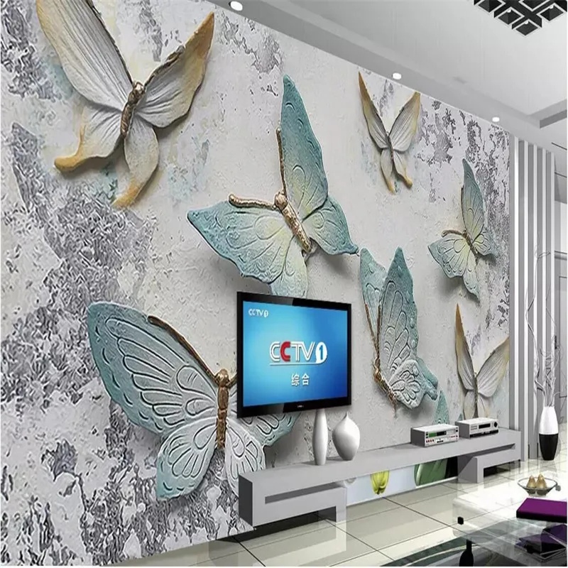 Custom mural butterfly embossed background wall 3D background wall simple European decorative painting factory wholesale wallpap