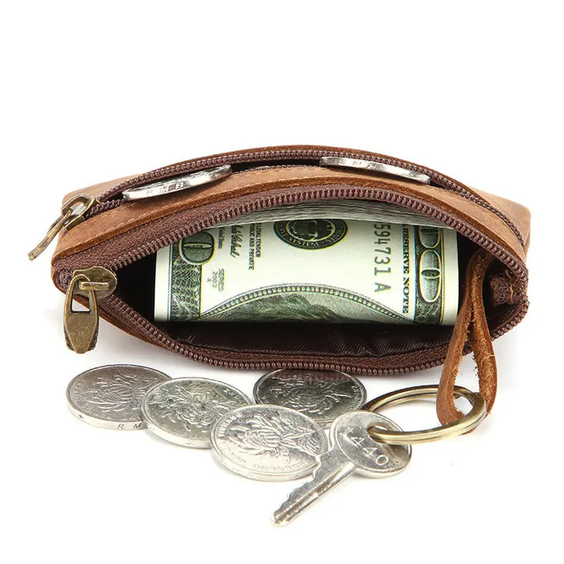 GENODERN Vintage Crazy Horse Leather Men\'s Coin Purse Genuine Leather Zipper Coin Wallet Retro Key Holder Small Money Bag