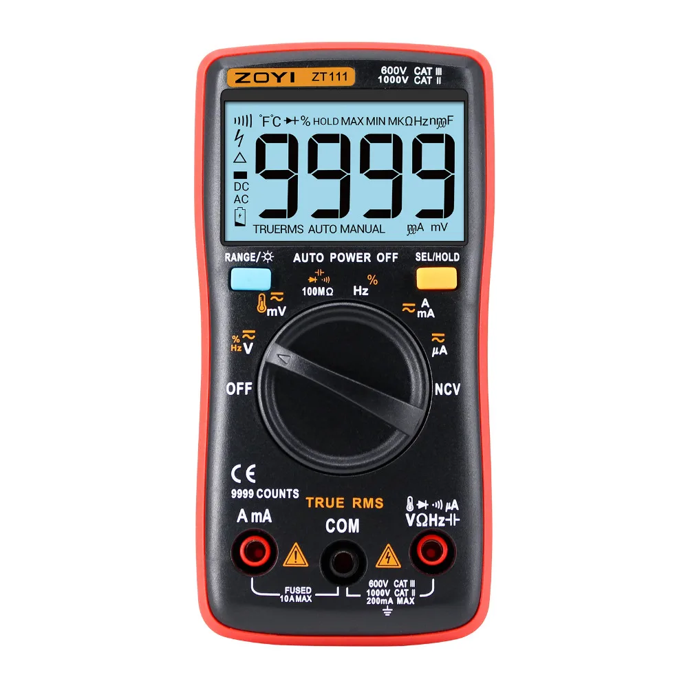 

ZT111 NCV True-RMS Digital Multimeter Auto Range 9999 counts 100M Ohm Temperature Back light AC/DC Voltage Ammeter Current Meter