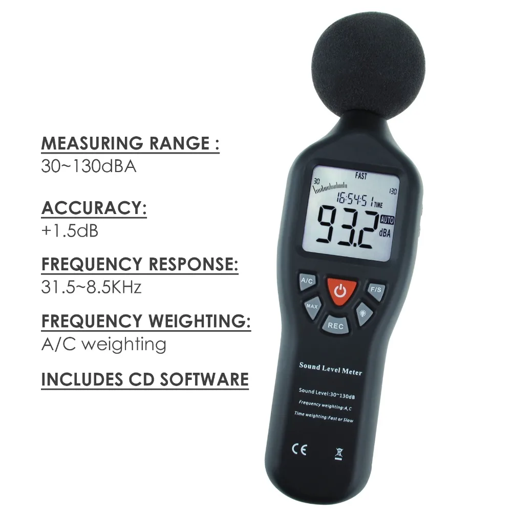 Fonometro digitale Decibel 30 dB - 130 dB con funzione di registrazione dati Software CD Tester di rumore Registratore