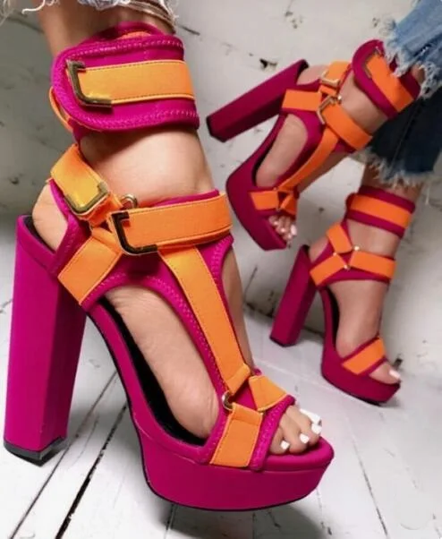 New Arrivals Red Black Stretch Fabric Women Sandals High Platform Metal Buckle Strap Ladies Shoes With Heels Gladiator Sandals